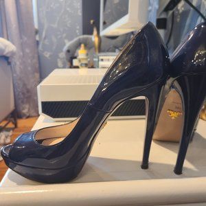 Authentic Prada Navy Patent Peep Toe Platform Pump